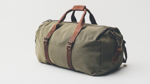 Photo green canvas weekender bag with leather accents