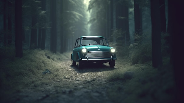 A green car in a forest