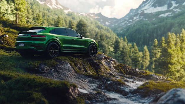 Photo a green car is driving on a mountain with a mountain in the background