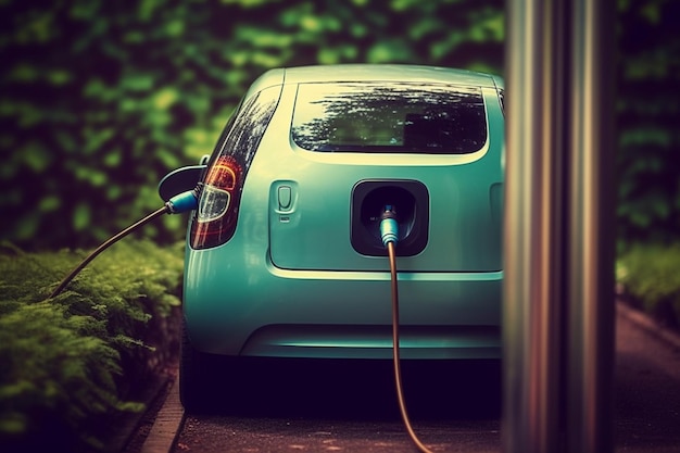 A green car is plugged into a charging station.