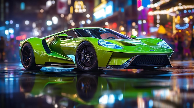 a green car is reflected in a puddle of water