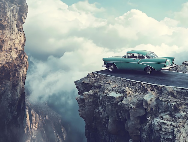 a green car is on a road with a mountain in the background