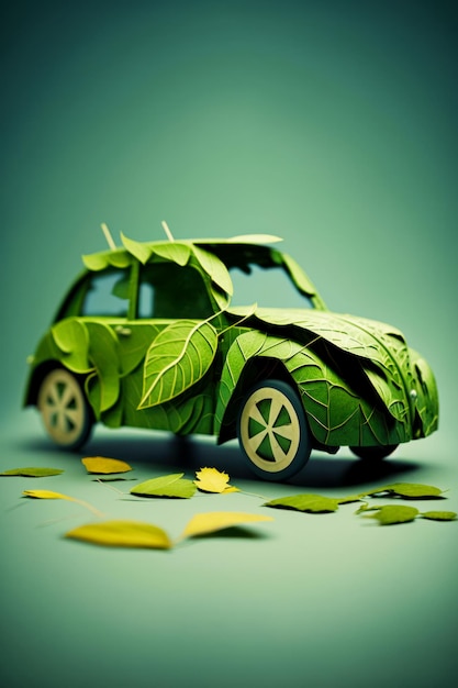 Green car made out of leaves sitting on table next to leaves Generative AI