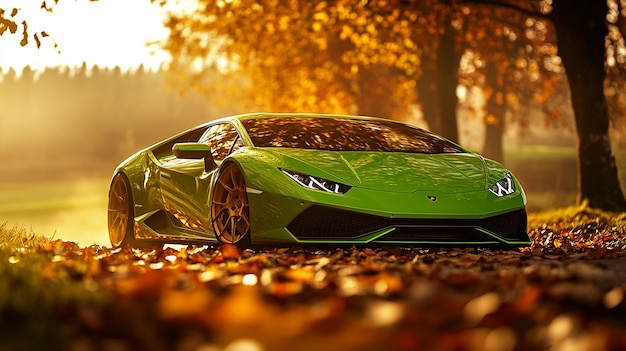 a green car with a green body is on the ground with leaves