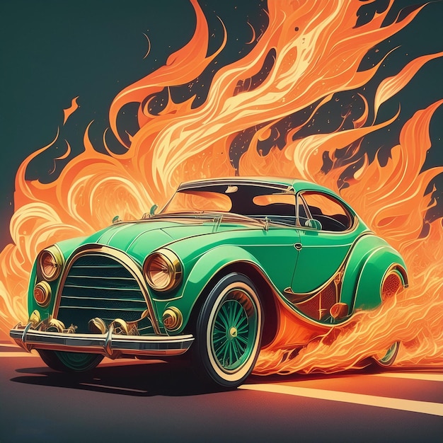 a green car with a green car on the front is painted with flames