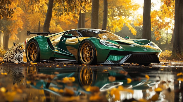 a green car with a green hood sits in a puddle of water