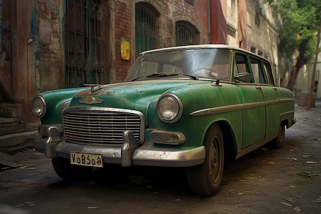 A green car with the license plate number 362n