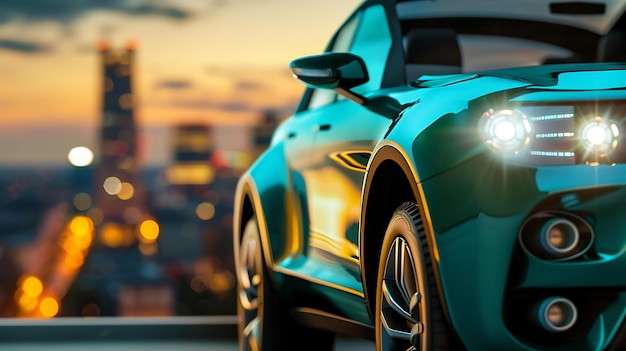 a green car with the lights on the roof