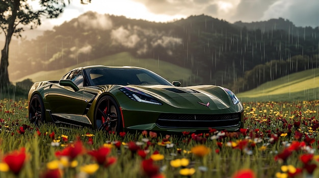 Photo a green car with a mountain in the background