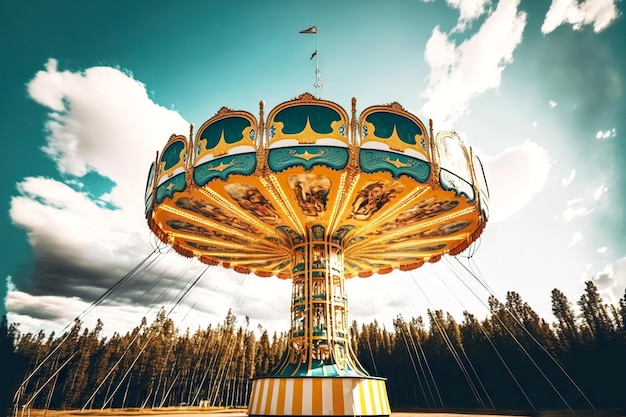 Green carousel with swings in amusement park against background of clouds and sky