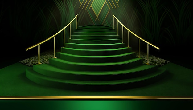 Green Carpet Bollywood Stage Green Steps Spot Light Backdrop of the Golden Regal Awards Generative ai