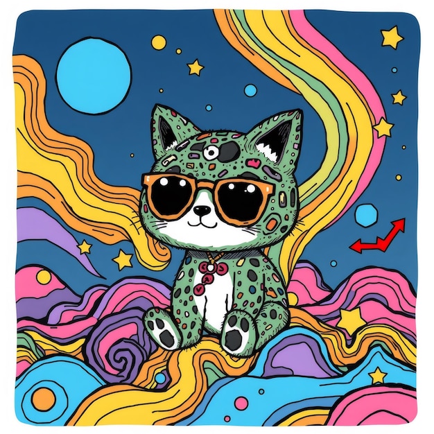 Photo green cat wearing sunglasses in psychedelic landscape