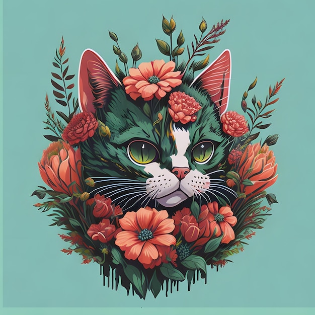 A green cat with a green eye and a green and white face is surrounded by flowers.