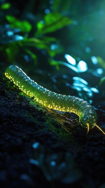 Photo a green caterpillar with glowing eyes