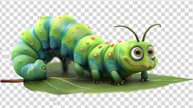 a green caterpillar with a green face and yellow eyes