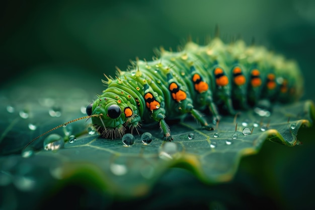 Photo green caterpillar with orange spots on dewy leaf