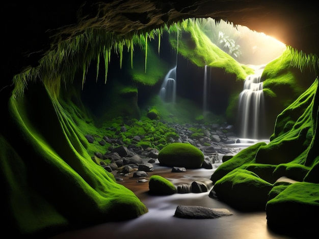 A green cave with a waterfall and mossy rocks