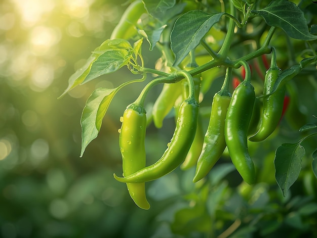 Green cayenne peppers hanging on plant blurred green background