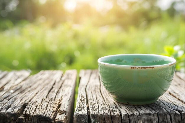 Photo green ceramic bowl on wooden table in nature