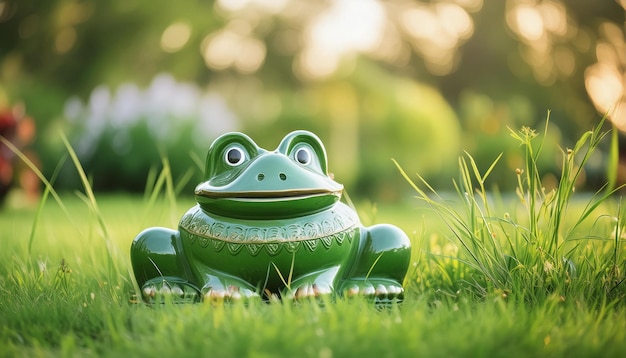 Photo green ceramic frog on grass in garden outdoor lawn yard figurine sculpture decoration closeup