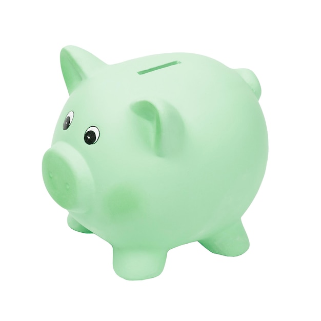 Green ceramic piggy bank isolated on white background