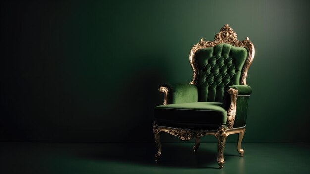 Green chair in a dark room with a gold throne on it.