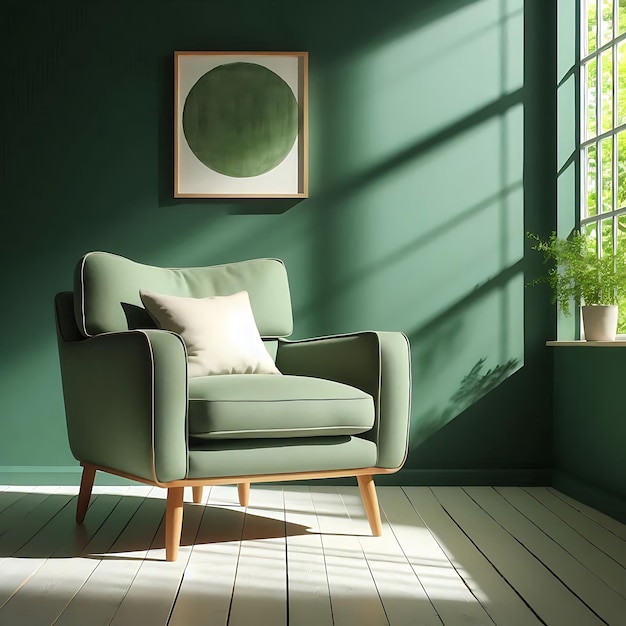 a green chair is in front of a green wall