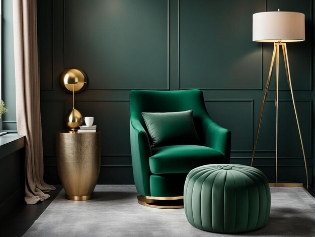 a green chair and lamp in a room with a lamp and a lamp