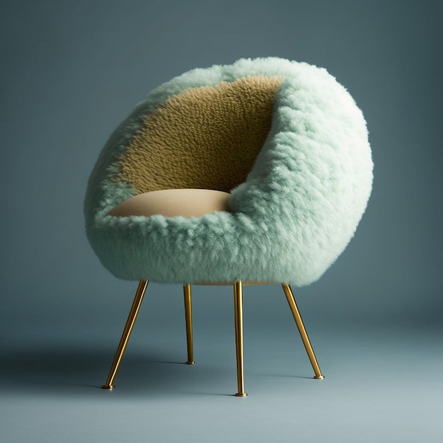 A green chair with a fluffy white fur seat sits against a grey wall.