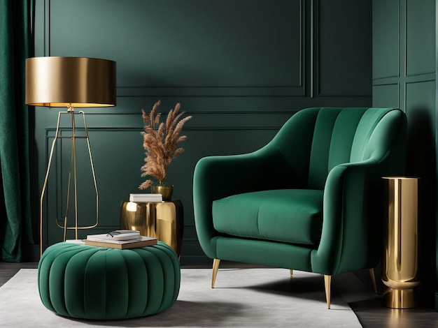 a green chair with gold base and a gold lamp on the table