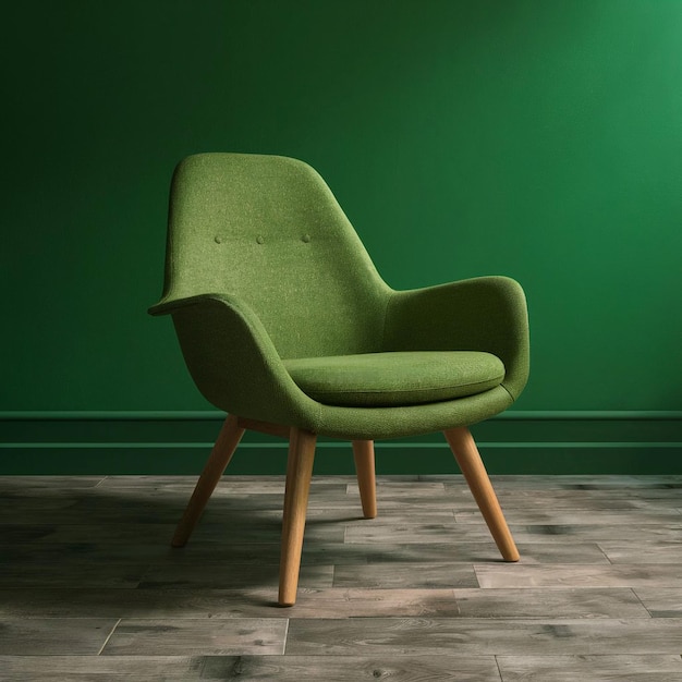 A green chair with a wooden legs and a wooden base design