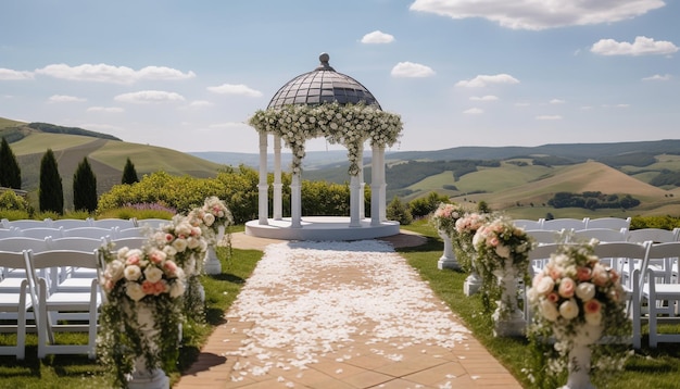 Photo green chairs on grass flowers decorate table generated by ai