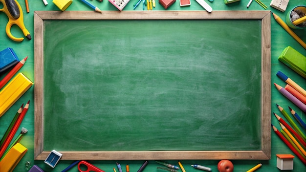 Green chalkboard with school supplies