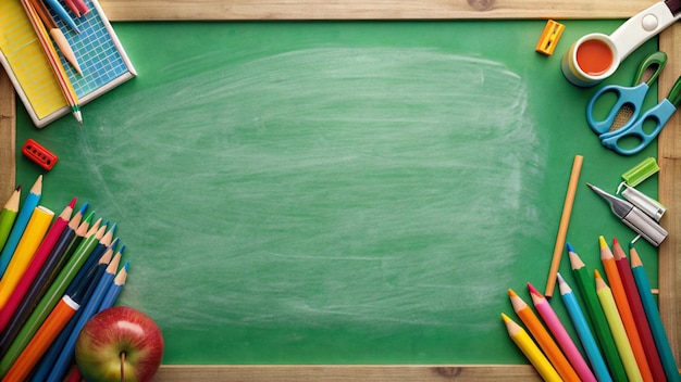 Green chalkboard with school supplies