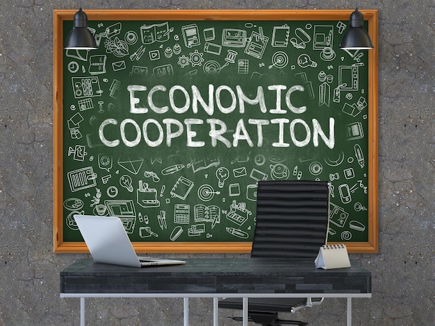 Green Chalkboard with the Text Economic Cooperation Hangs on the Dark Old Concrete Wall in the Interior of a Modern Office Illustration with Doodle Style Elements 3D