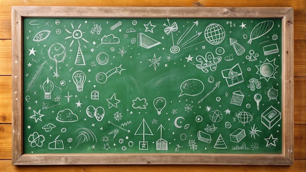 Green Chalkboard with Various White Chalk Drawings