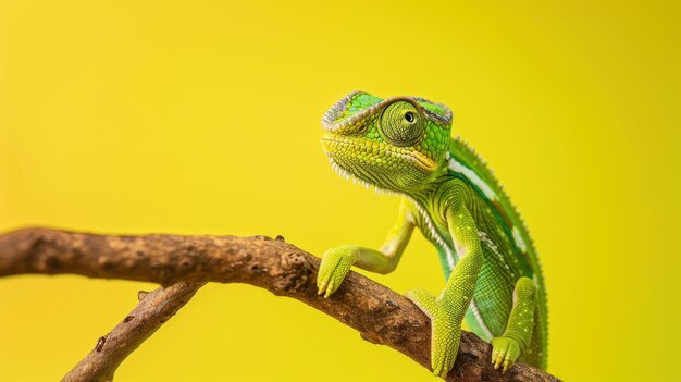 Photo green chameleon on a branch against a yellow background