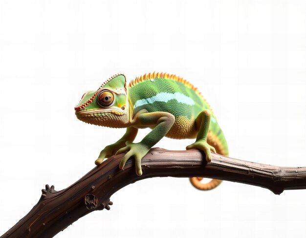 Photo a green chameleon on a branch with a white background