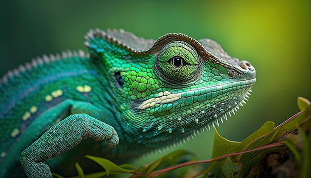 Green Chameleon Closeup Side View Generative AI