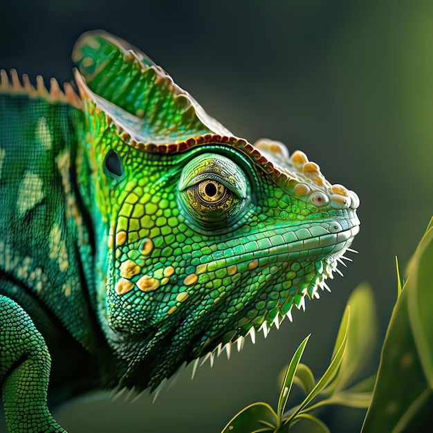 Green chameleon hunting on the background of the forest wildlife exotic animals reptiles high resolution art generative artificial intelligence