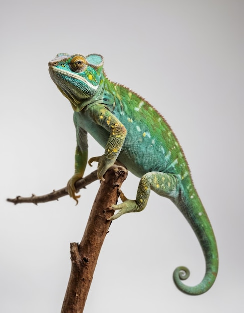 Photo a green chameleon is sitting on a branch