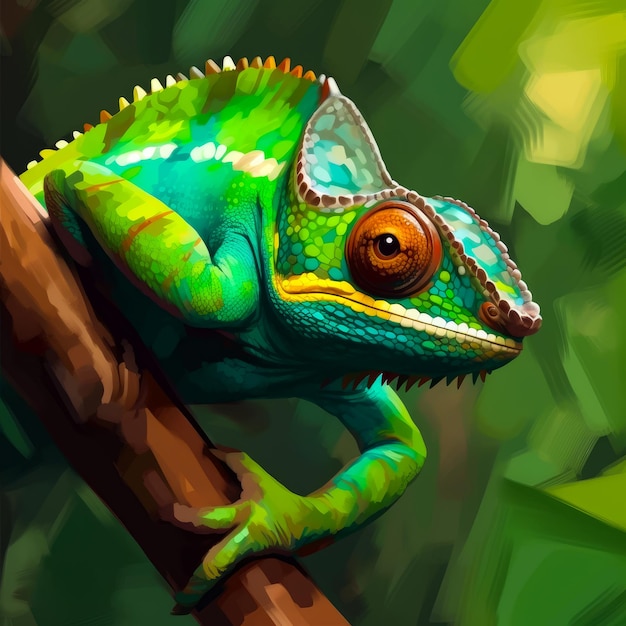 Green chameleon sitting on a branch Cute reptile on branch portrait Generative AI