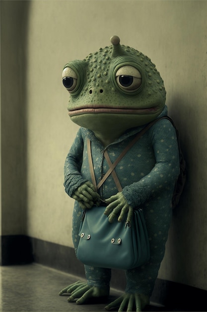 A green chameleon with a blue bag is standing against a wall.