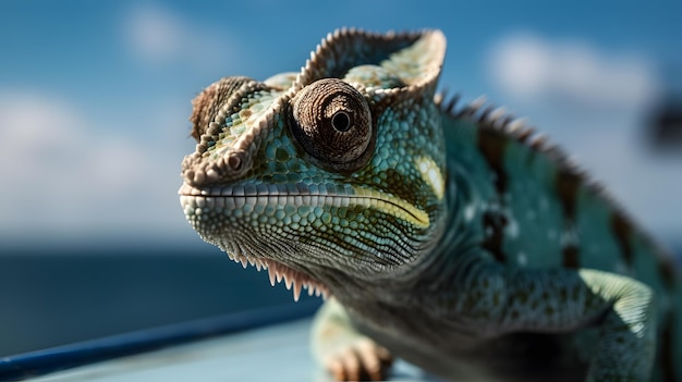 A green chameleon with a brown spot on its head