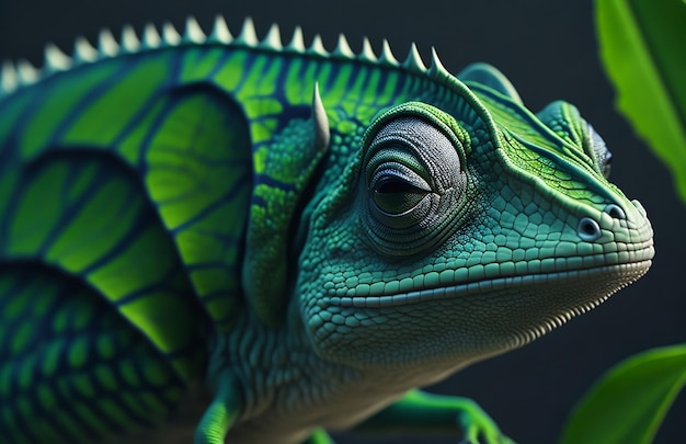 A green chameleon with a dark background