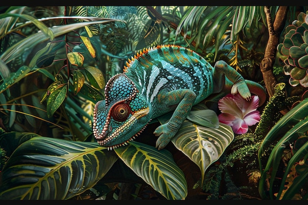 a green chameleon with a flower and tropical leaves