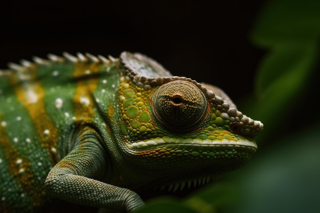 A green chameleon with a large eye and a large eye.