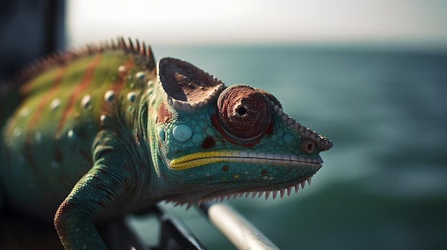 A green chameleon with a red eye sits on a metal railing.