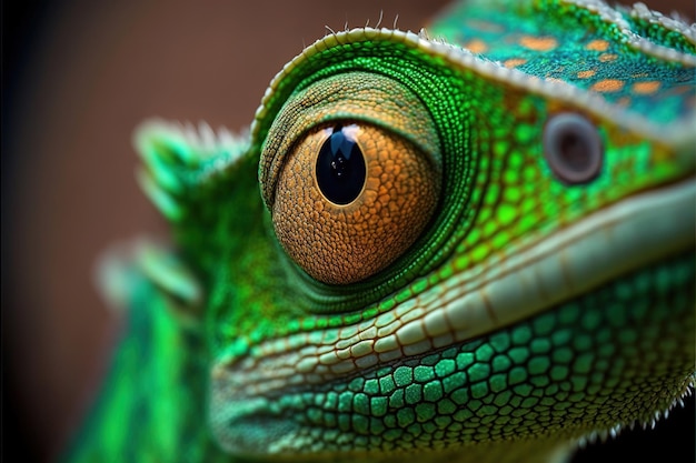 Green chameleon with yellow eyes on a black background Wildlife exotic animals reptile Illustration in high quality Generative AI