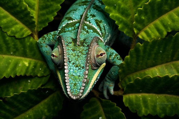 a green chamelon sitting on a leaf